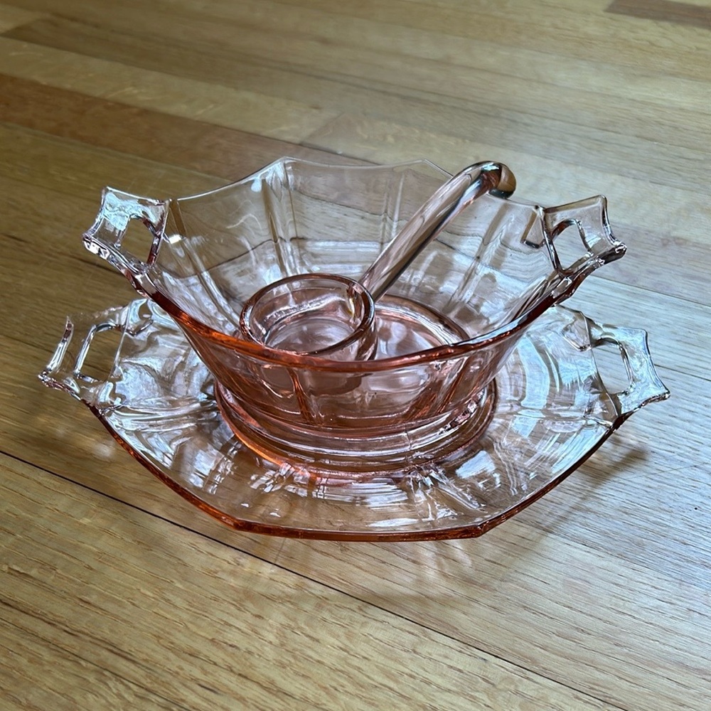 Pink Depression Glass Dish, Bowl & Ladle Set Simple Sleek Pattern